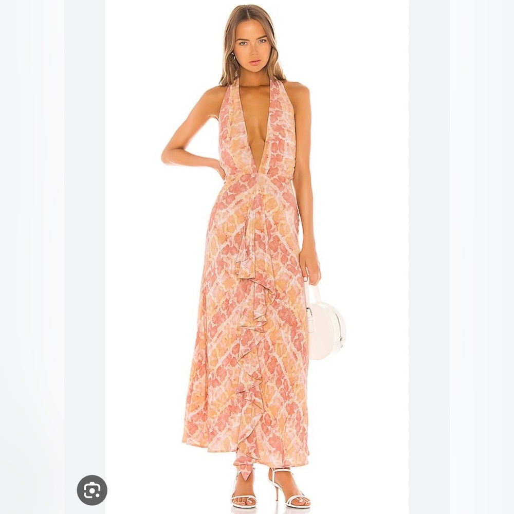 Lovers + Friends Peach & Coral Halter Maxi Dress